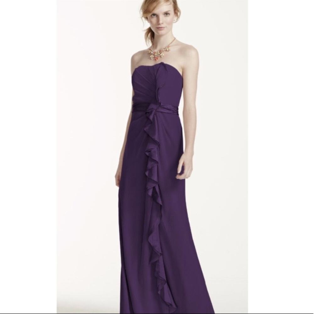 David’s Bridal Purple Front Ruffle Cascade Dress